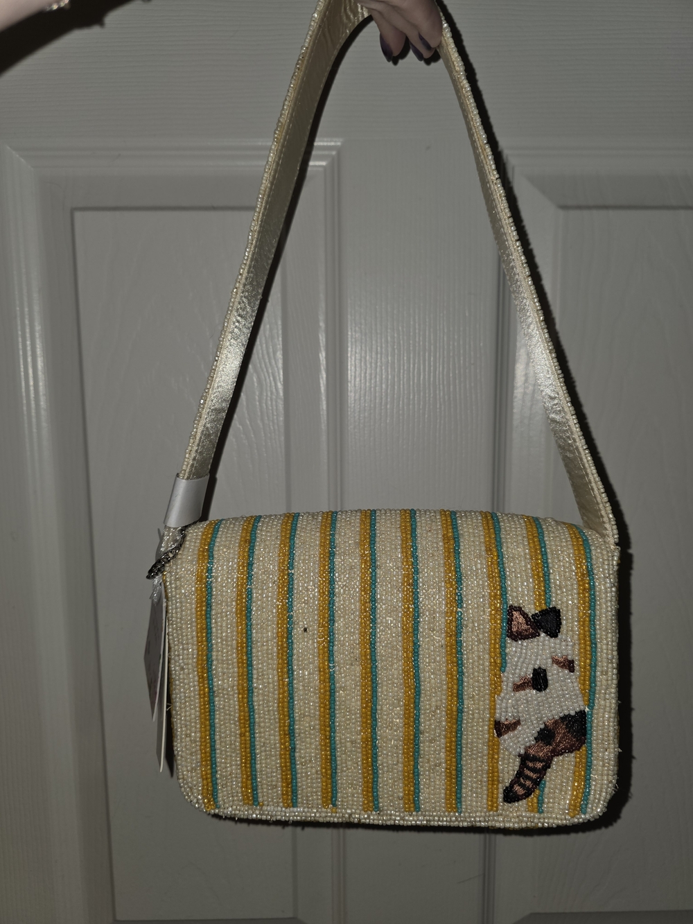 Beaded Cat Trio Shoulder Bag in Cream and Multi - Picture 2 of 3